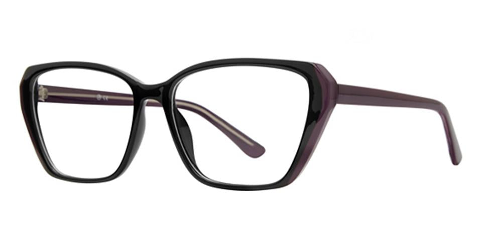 A pair of rectangular Vivid Soho 1076 eyeglasses with a sleek black frame and slightly angled edges. The temples (arms) of the glasses are dark purple, providing a stylish contrast to the black front. Crafted from durable plastic, the overall design is modern, bold, and chic.