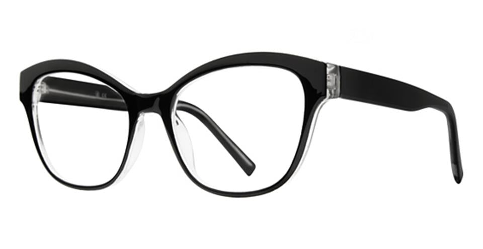 A pair of Vivid Soho 1077 eyeglasses with a black and clear cat-eye frame shape. The temples are black, while the front features a blend of black on the top half and clear on the bottom half. These glasses offer lightweight comfort and boast a stylish, modern design with classic elegance.
