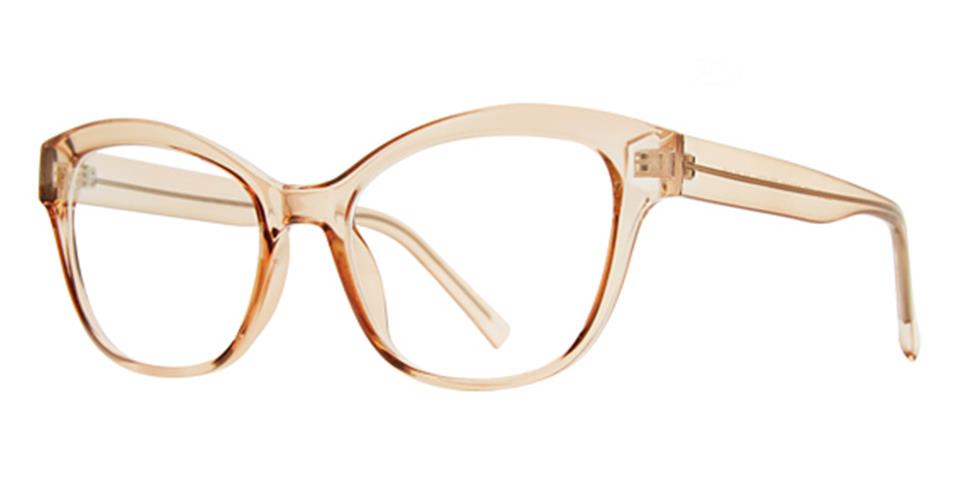 A pair of transparent, light peach-colored Vivid Soho 1077 eyeglasses with a cat-eye frame design. The glasses exude classic elegance with their sleek, modern look, slightly rounded edges, and thin arms. The lenses are clear, offering lightweight comfort for a chic and elegant style.