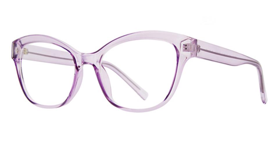 A pair of Vivid Soho 1077 eyeglasses with clear, light purple frames and a cat-eye shape. The glasses, embodying classic elegance, are displayed against a white background.