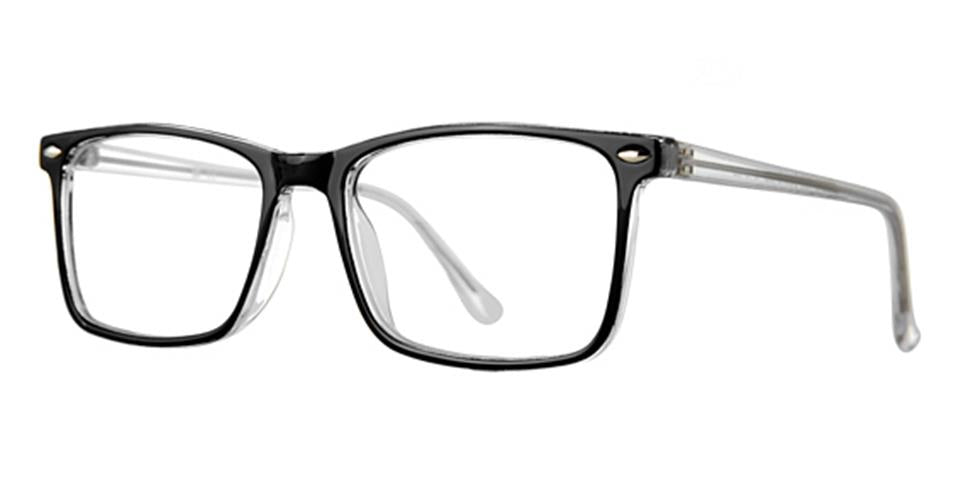 A pair of modern design Vivid Soho 1080 eyeglasses featuring rectangular lenses with a black frame on the top and clear frame on the bottom. The high-quality plastic temples are clear with black tips, and the glasses have silver accents at the corners near the hinges. The lenses are clear.