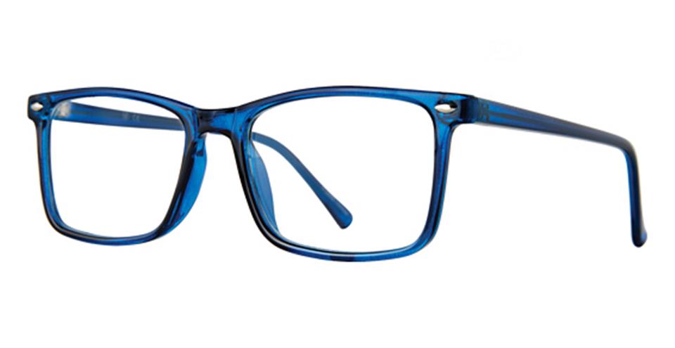 A pair of blue rectangular Vivid Soho 1080 eyeglasses with a transparent, high-quality plastic frame and sturdy arms. The design is simple and modern, featuring clear lenses and a lightweight structure.