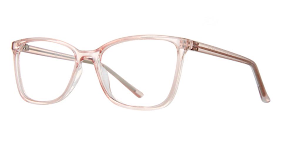 A pair of Vivid Soho 1081 eyeglasses with a translucent pink frame. The glasses have rectangular lenses with slightly rounded edges and slender arms extending from the sides, showcasing a vibrant design.