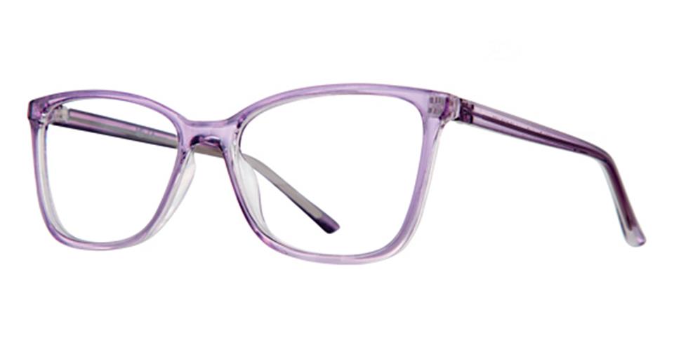 A pair of Vivid Soho 1081 eyeglasses with vibrant transparent purple frames. The rectangular frames have rounded edges and a slightly thicker border around the lenses. Featuring durable arms that taper towards the ends, these glasses perfectly combine style and resilience.
