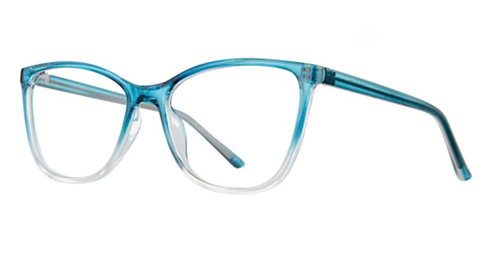 The Vivid Soho 1082 eyeglasses feature transparent blue-tinted frames in a square shape with slightly rounded edges, clear lenses, and thin, straight temples. These stylish specs provide lightweight comfort and are available in a range of elegant color options.