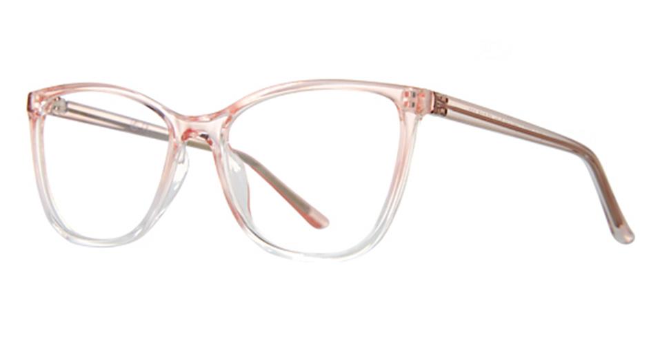 A pair of translucent pink Vivid Soho 1082 eyeglasses with a subtle cat-eye shape. The frames have a gradient effect, transitioning from pink at the top to clear at the bottom. The arms are also translucent with a slight pink hue, ensuring lightweight comfort and stylish elegance.
