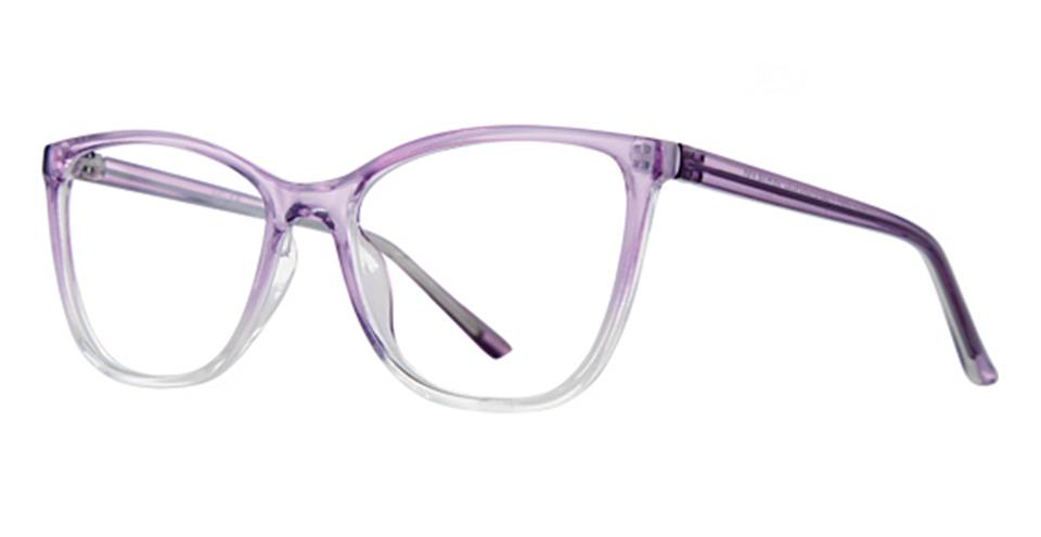 A pair of Vivid Soho 1082 eyeglasses with a translucent, purple frame. The lenses are clear, and the frame boasts a slightly cat-eye shape with a modern and stylish design. The arms of the glasses are also purple and translucent, offering lightweight comfort in elegant color options.