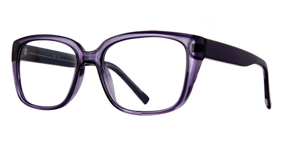 A pair of square, purple eyeglasses with sleek, solid frames and clear lenses. The design is modern and stylish with classic elegance, suitable for both casual and professional wear. These Vivid Soho 1083 eyeglasses feature broad temples for a comfortable fit.