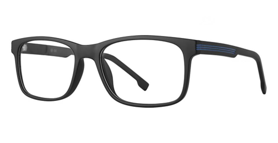 The Vivid Soho 1084 eyeglasses are a pair of black rectangular frames featuring a thin blue stripe detail on the arms. Boasting both lightweight comfort and bold design, these glasses have a modern minimalist look with slightly rounded edges and a glossy finish.