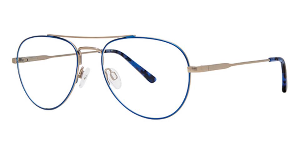 A pair of CompuSpecs 402 eyeglasses from Vivid with thin gold-tone metal frames. The glasses feature blue accents along the rims and the ear pieces. The nose pads are adjustable, and the overall design is sleek and modern.