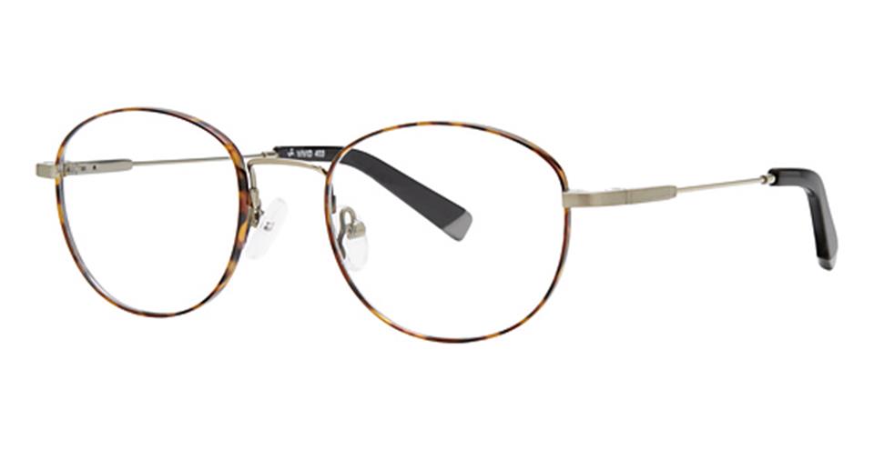 A pair of eyeglasses with thin, round tortoiseshell frames and metal temples. The nose pads are adjustable, and the temple tips are black. The design is sleek and minimalist, suitable for everyday wear. Introducing the CompuSpecs 403 by Vivid.