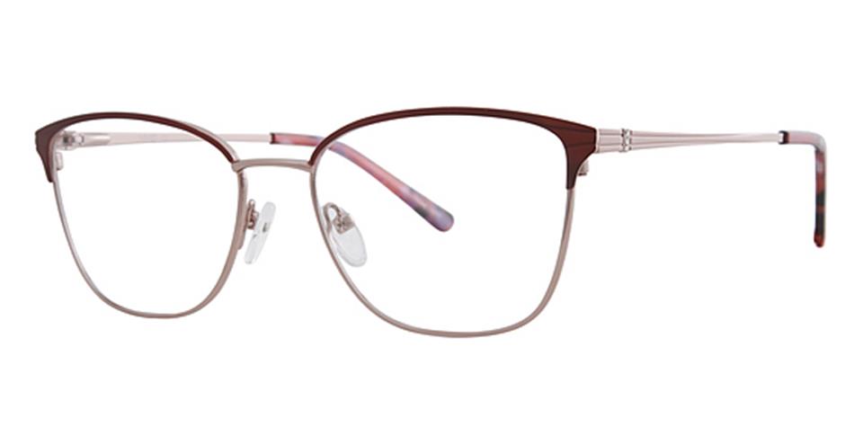 A pair of stylish eyeglasses with thin metal frames. The Vivid CompSpecs 405 are primarily silver with dark red accents at the top of the rims and on the temples. The arms have a subtle gradient design, transitioning from red to pink with a hint of pattern toward the tips.