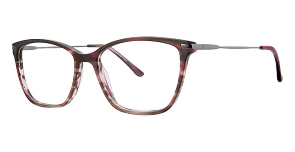 A pair of eyeglasses with a tortoiseshell patterned rectangular frame and thin metal temples. The frame features a blend of maroon, pink, and beige colors: CompuSpecs 895 by Vivid.